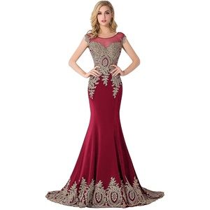 Gold Lace Accented Burgundy Mermaid Gown